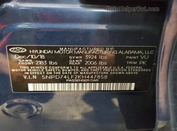 5NPD74LF2KH447858 2019 HYUNDAI ELANTRA Синий Вид наклейки с VIN-кодом