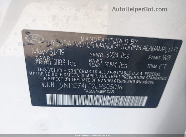 5NPD74LF2LH505016 2020 HYUNDAI ELANTRA White Vista del compartimento del motor
