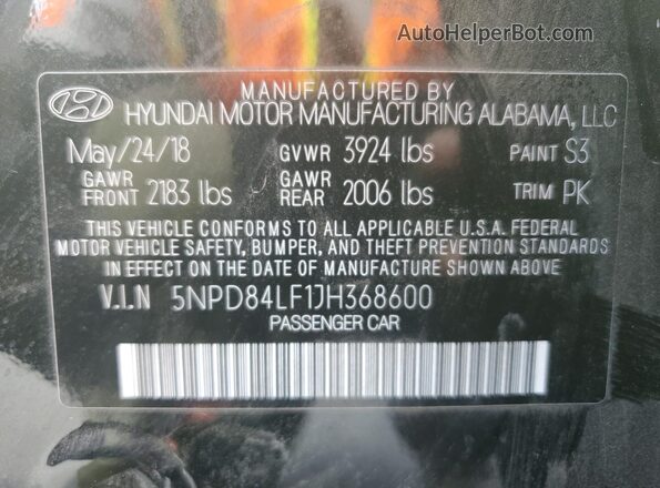 5NPD84LF1JH368600 2018 HYUNDAI ELANTRA Черный Вид наклейки с VIN-кодом