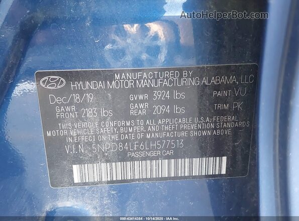 5NPD84LF6LH577513 2020 HYUNDAI ELANTRA Синий Вид подкапотного пространства