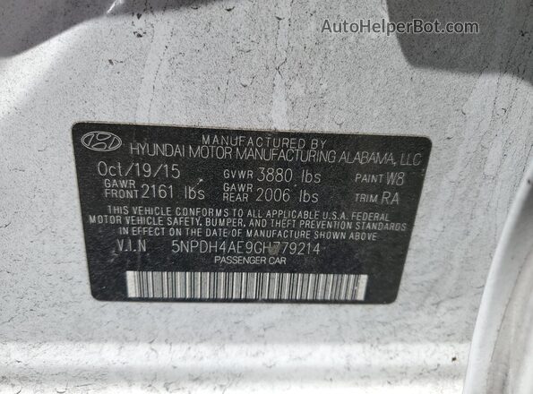 5NPDH4AE9GH779214 2016 HYUNDAI ELANTRA Белый Вид наклейки с VIN-кодом