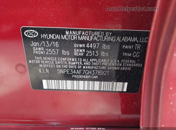 5NPE34AF7GH378921 2016 HYUNDAI SONATA Красный Вид подкапотного пространства