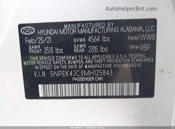 5NPEK4JC3MH125843 2021 HYUNDAI SONATA Белый Вид подкапотного пространства