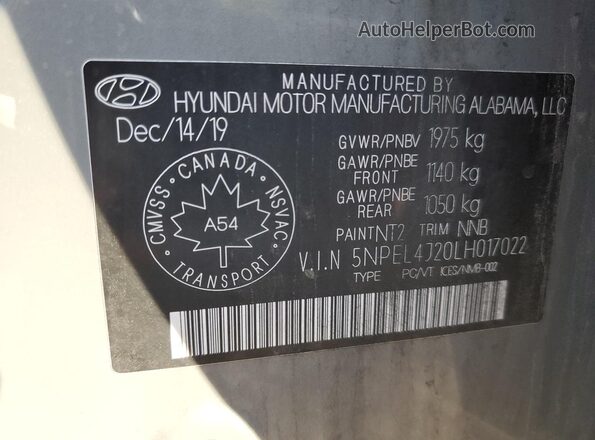 5NPEL4J20LH017022 2020 HYUNDAI SONATA Серый Вид наклейки с VIN-кодом