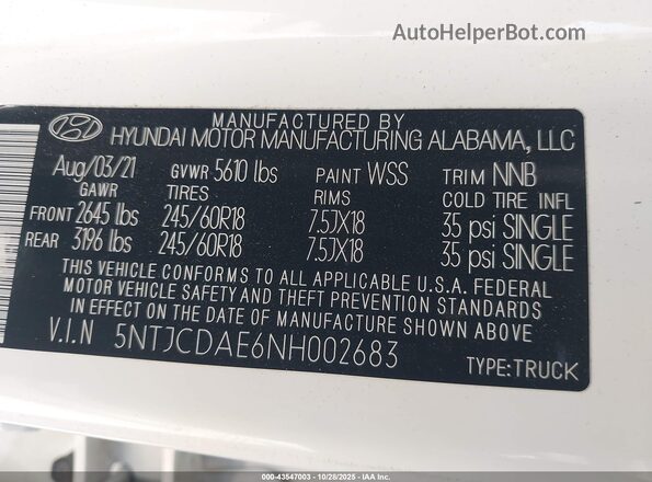 5NTJCDAE6NH002683 2022 HYUNDAI SANTA CRUZ White Widok komory silnika