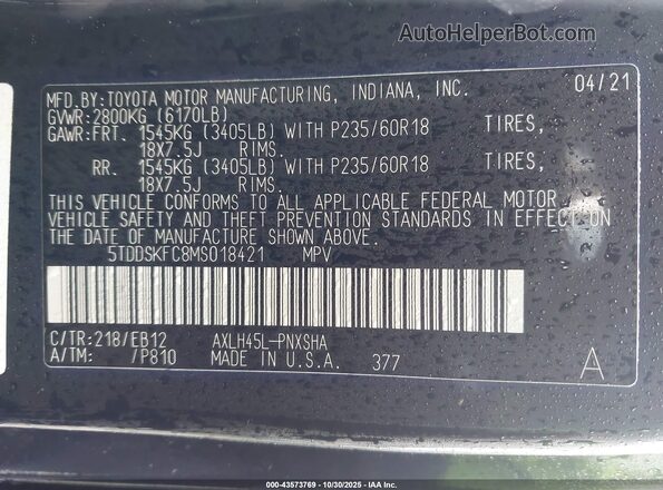 5TDDSKFC8MS018421 2021 TOYOTA SIENNA Черный Вид подкапотного пространства