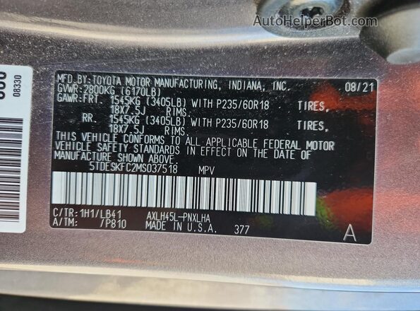 5TDESKFC2MS037518 2021 TOYOTA LIMITED Gray Вид підкапотного простору