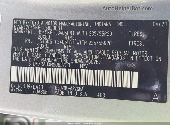 5TDFZRAHXMS063733 2021 TOYOTA HIGHLANDER Серебряный Вид подкапотного пространства