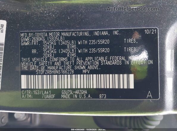 5TDFZRBH8NS166228 2022 TOYOTA HIGHLANDER Серый Вид подкапотного пространства