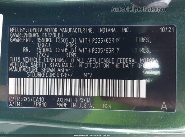 5TDJRKEC0NS082647 2022 TOYOTA LE Зеленый Вид подкапотного пространства