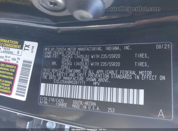 5TDJZRAH8MS081111 2021 TOYOTA HIGHLANDER Черный Вид подкапотного пространства