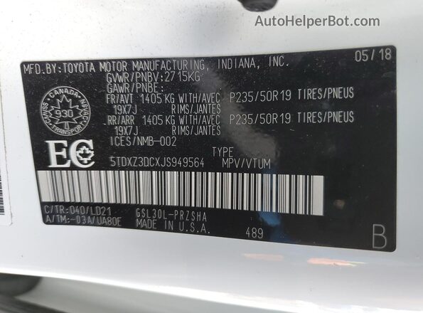 5TDXZ3DCXJS949564 2018 TOYOTA SIENNA White Widok naklejki z numerem VIN