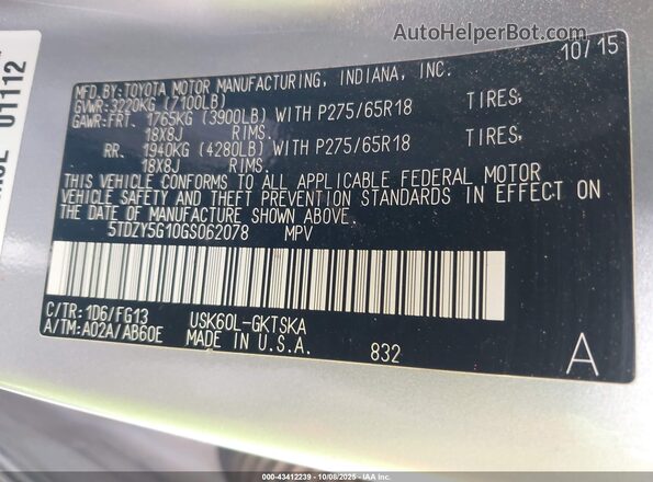 5TDZY5G10GS062078 2016 TOYOTA SEQUOIA Silver Widok komory silnika