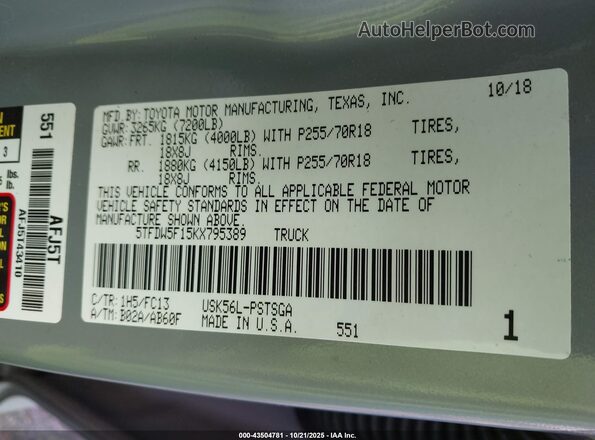 5TFDW5F15KX795389 2019 TOYOTA TUNDRA Серый Вид подкапотного пространства