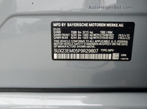 5UX23EM05P9R29807 2023 BMW X7 Silver VIN կոդի պիտակի տեսք