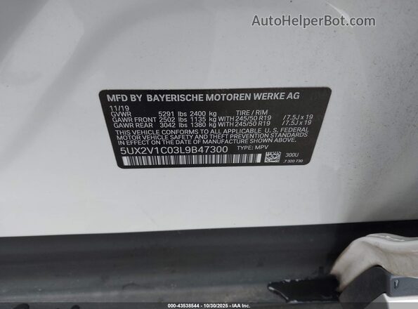 5UX2V1C03L9B47300 2020 BMW X4 White Widok komory silnika