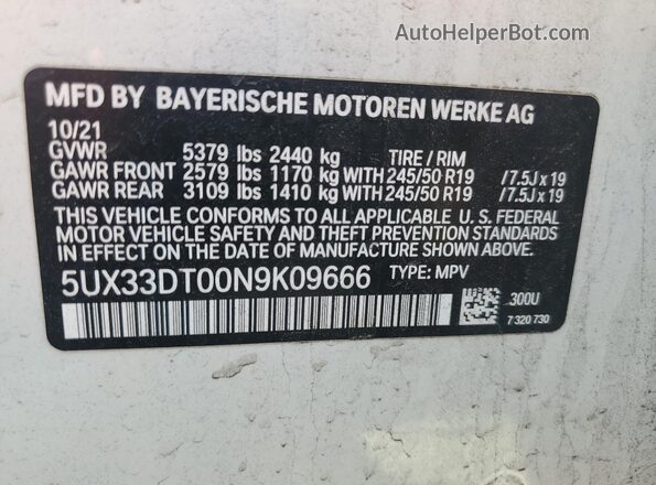 5UX33DT00N9K09666 2022 BMW X4 Белый Панорамный вид салона 360°