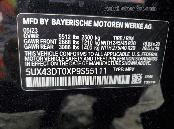 5UX43DT0XP9S55111 2023 BMW X4 Черный Вид наклейки с VIN-кодом