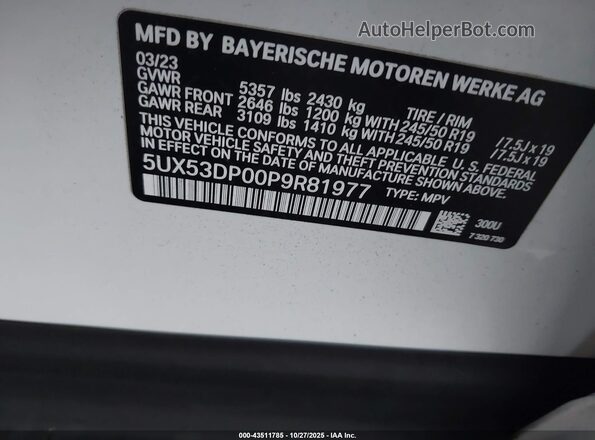 5UX53DP00P9R81977 2023 BMW X3 White Вид підкапотного простору