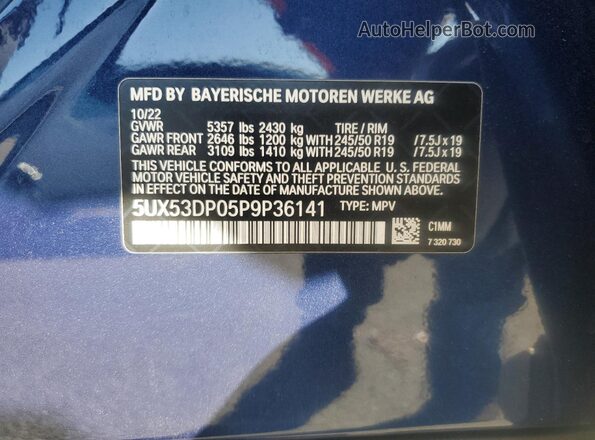 5UX53DP05P9P36141 2023 BMW X3 Синий Вид наклейки с VIN-кодом