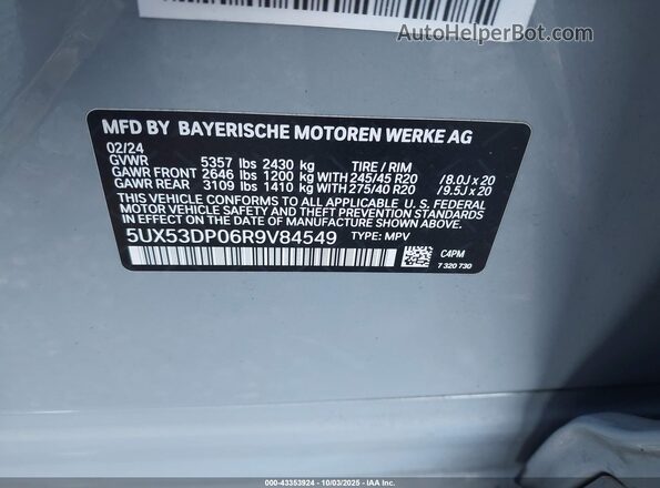 5UX53DP06R9V84549 2024 BMW X3 Gray Շարժիչի բաժամունքի տեսք