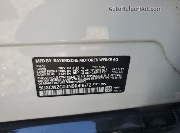 5UXCW2C03N9K49672 2022 BMW X7 Белый Панорамный вид салона 360°