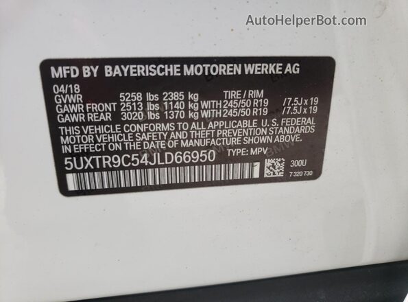 5UXTR9C54JLD66950 2018 BMW X3 White Widok naklejki z numerem VIN
