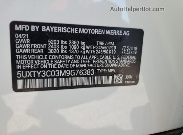 5UXTY3C03M9G76383 2021 BMW X3 Белый Вид наклейки с VIN-кодом
