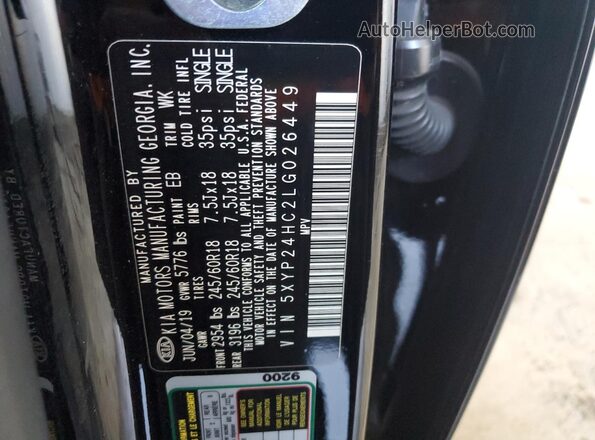 5XYP24HC2LG026449 2020 KIA TELLURIDE Black Вид наклейки з VIN-кодом