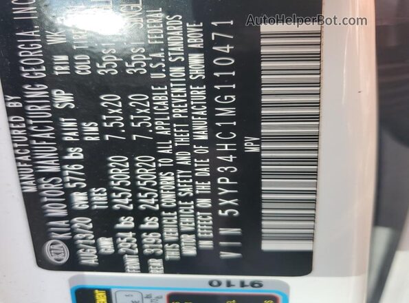 5XYP34HC1MG110471 2021 KIA TELLURIDE Белый Вид наклейки с VIN-кодом