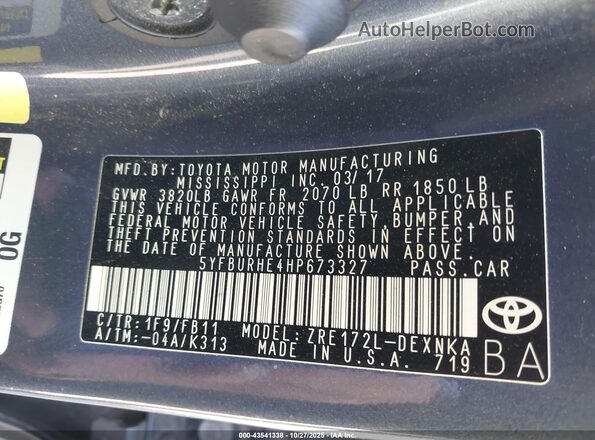 5YFBURHE4HP673327 2017 TOYOTA LL Серый Вид подкапотного пространства