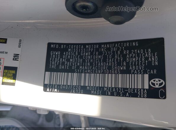 5YFS4MCE6NP101665 2022 TOYOTA LL White Engine compartment view
