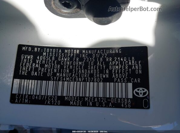 5YFS4MCE9NP107802 2022 TOYOTA LL Белый Вид подкапотного пространства