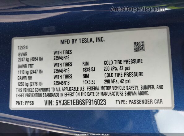 5YJ3E1EB6SF916023 2025 TESLA MODEL 3 Синий Вид подкапотного пространства