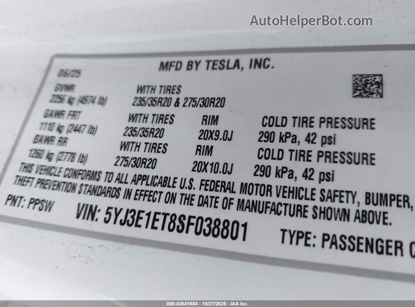 5YJ3E1ET8SF038801 2025 TESLA MODEL 3 White ძრავის განყოფილების ხედი