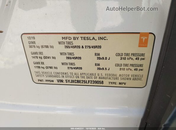 5YJXCBE25LF239058 2020 TESLA MODEL X Белый Вид подкапотного пространства