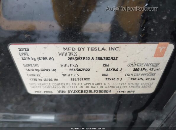 5YJXCBE29LF260804 2020 TESLA MODEL X Black Widok komory silnika