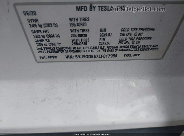 5YJYGDEE7LF017958 2020 TESLA MODEL Y Белый Вид подкапотного пространства