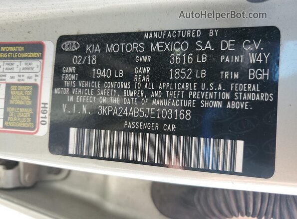 3KPA24AB5JE103168 2018 KIA RIO Silver Vista de la etiqueta del VIN