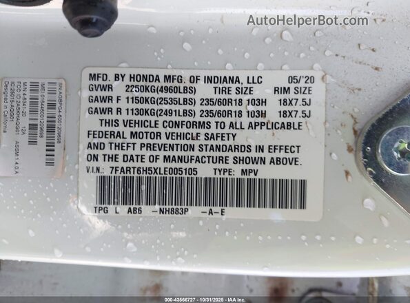 7FART6H5XLE005105 2020 HONDA CR-V HYBRID White Շարժիչի բաժամունքի տեսք