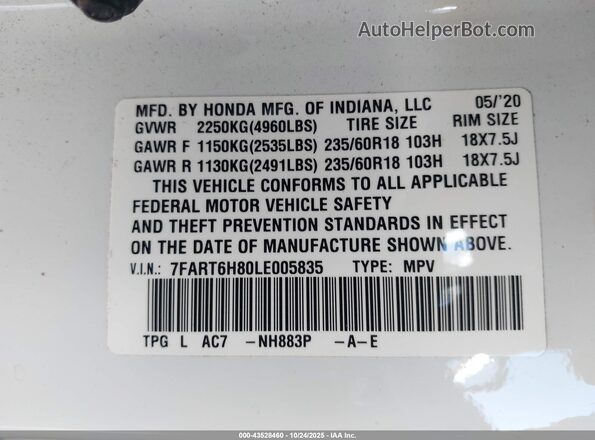 7FART6H80LE005835 2020 HONDA CR-V HYBRID White Շարժիչի բաժամունքի տեսք