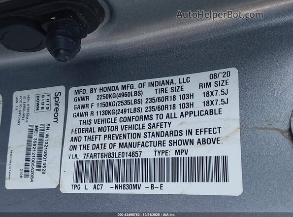 7FART6H83LE014657 2020 HONDA CR-V HYBRID Серебряный Вид подкапотного пространства