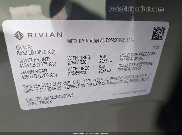 7FCTGAAL2NN000805 2022 RIVIAN R1T Green Вид підкапотного простору