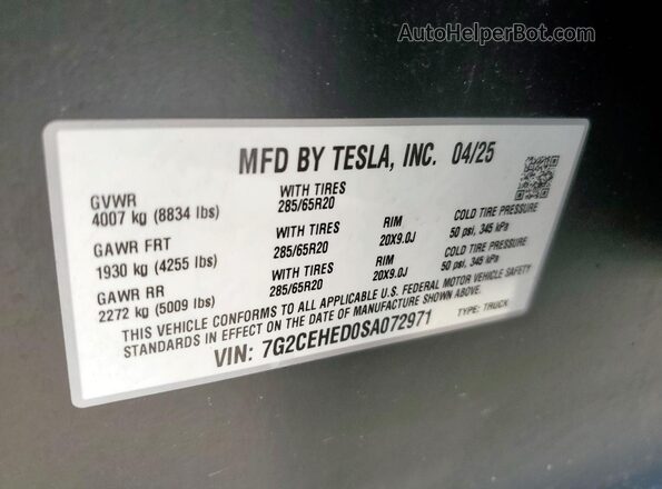 7G2CEHED0SA072971 2025 TESLA CYBERTRUCK Gold Widok naklejki z numerem VIN