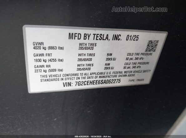 7G2CEHEE6SA062275 2025 TESLA CYBERTRUCK Gray Widok komory silnika
