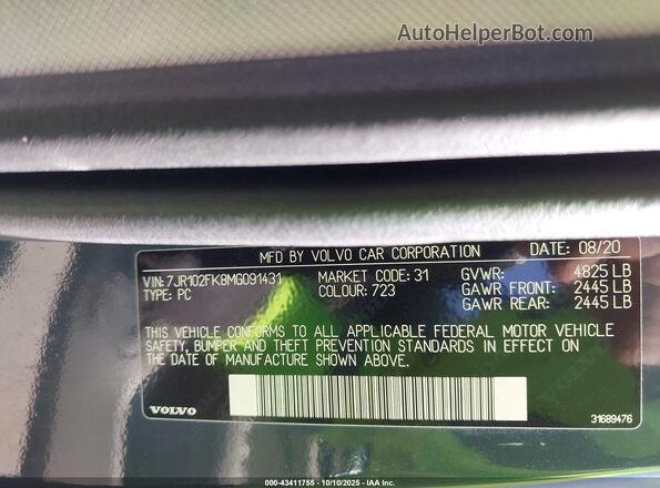 7JR102FK8MG091431 2021 VOLVO S60 Синий Вид подкапотного пространства