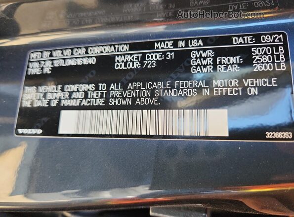 7JRL12TL0NG161640 2022 VOLVO S60 Синий Вид наклейки с VIN-кодом