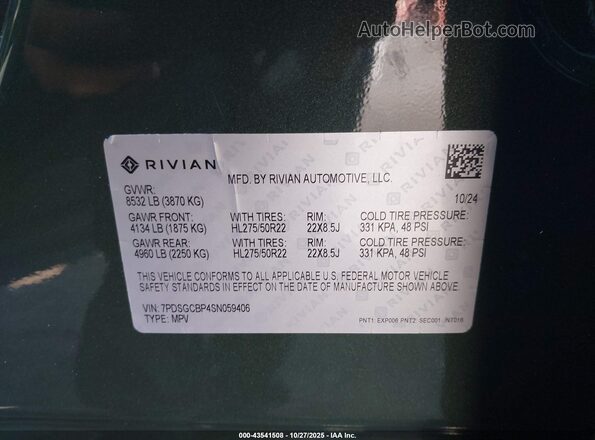 7PDSGCBP4SN059406 2025 RIVIAN R1S Зеленый Вид подкапотного пространства