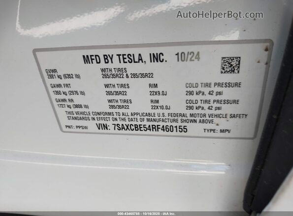 7SAXCBE54RF460155 2024 TESLA MODEL X Белый Вид подкапотного пространства
