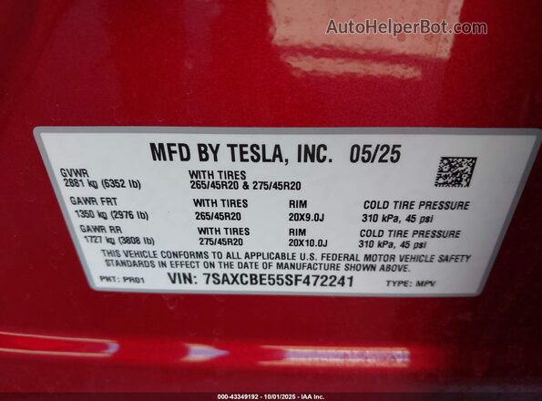 7SAXCBE55SF472241 2025 TESLA MODEL X Красный Вид подкапотного пространства